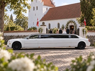Stretch limousine foran hvid kirke til bryllup