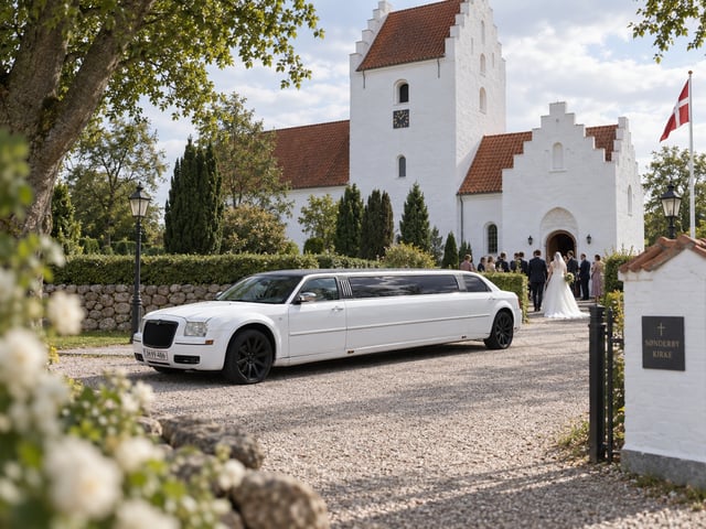 Chrysler stretch limousine ved indkørsel til kirke under bryllup