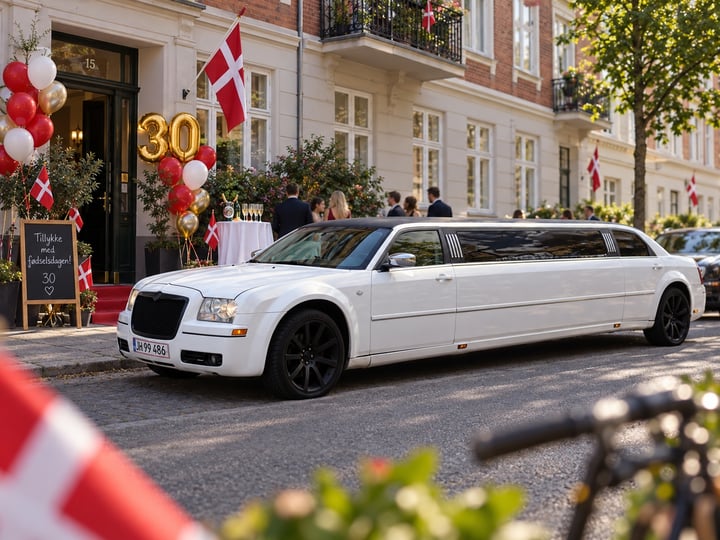 30 års fødselsdag med hvid limousine foran restaurant