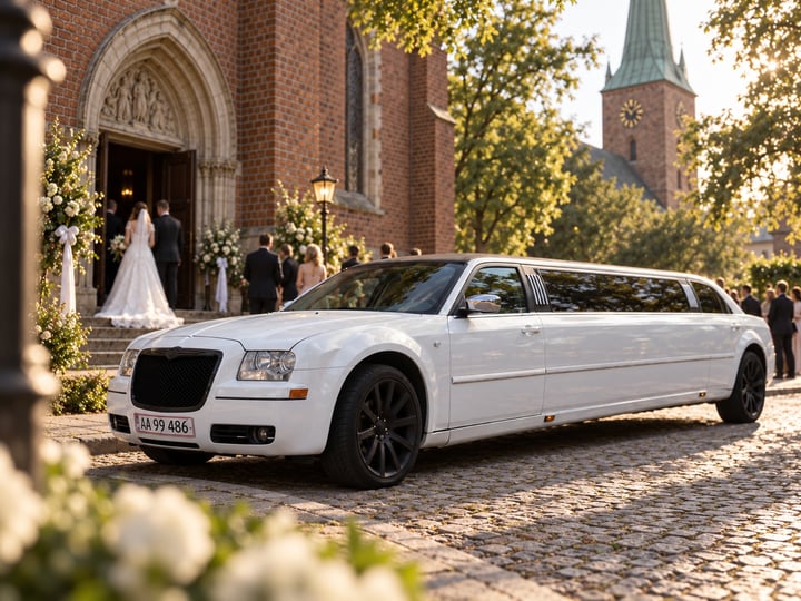 Close up af hvid Chrysler limousine foran kirkebryllup
