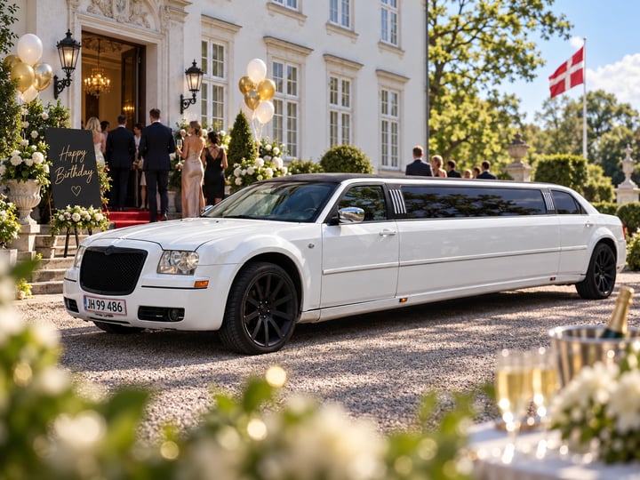 Hvid Chrysler limousine ved villa på Strandvejen