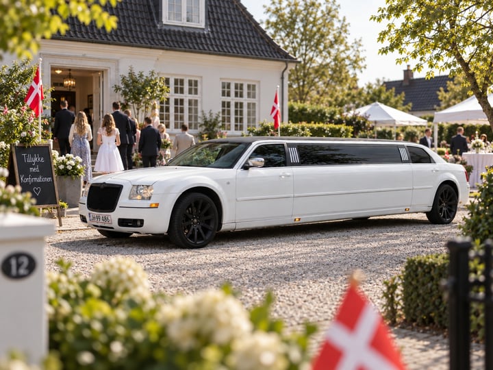 Hvid limousine foran hus med konfirmationsfest