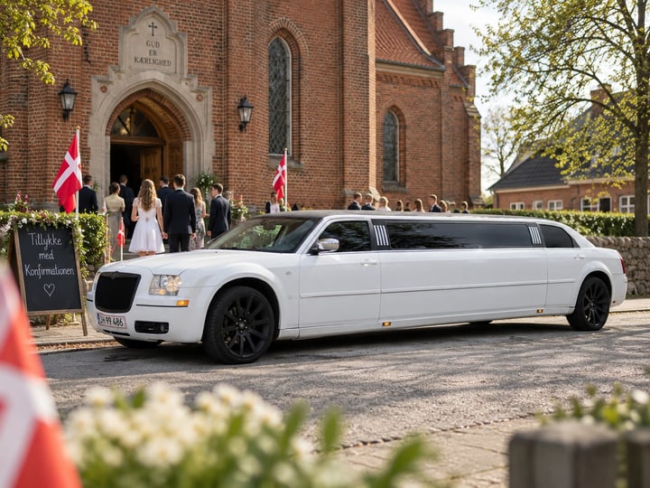 Konfirmation med limousine foran kirke